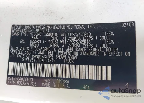 2008 Toyota Tundra Sr5 5.7L V8 z USA, uszkodzony, nr VIN 5TFRV54158X054342